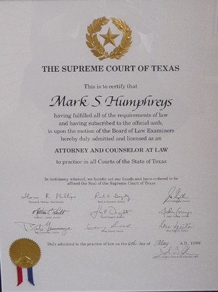 Mark Humphreys Licensed as an Attorney at Law